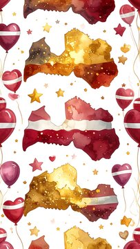 Latvia flag themed pattern with country shape, hearts, stars, and balloon illustrations