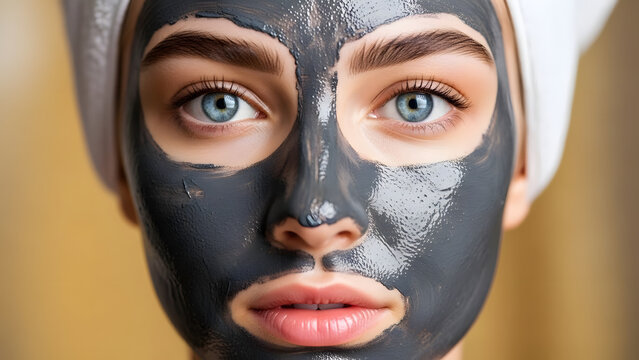 Woman with black facial mask on her face looking directly at the camera.