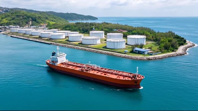 Aerial view of large cargo ship navigating near industrial storage facility with tanks on a coastal island in the ocean