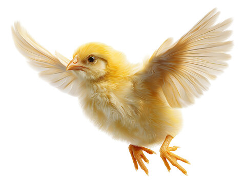 A vibrant, yellow chick spreading its wings against a white background, symbolizing freedom and new beginnings.
