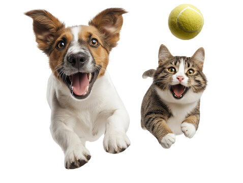 A playful dog and cat joyfully chasing a tennis ball against a white isolated background.