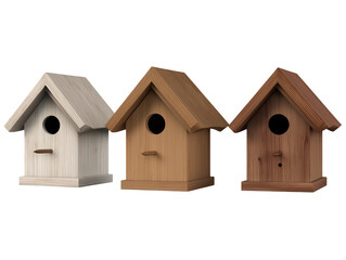 Set of three decorative birdhouses in different colors on a white background.