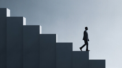 Minimalist high-end business visual of a businessman in a suit climbing giant steps, symbolizing career growth, ambition, and corporate success