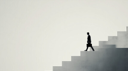 Minimalist high-end business visual of a businessman in a suit climbing giant steps, symbolizing career growth, ambition, and corporate success