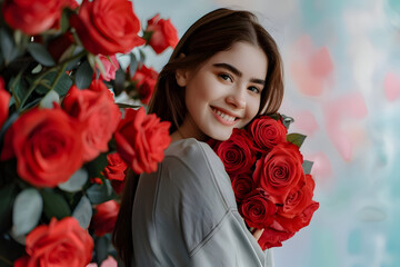young woman holding bouquet red roses colorful background Valentine Day
