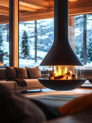 Naklejka premium Stylish hanging fireplace with flames in a modern living space.