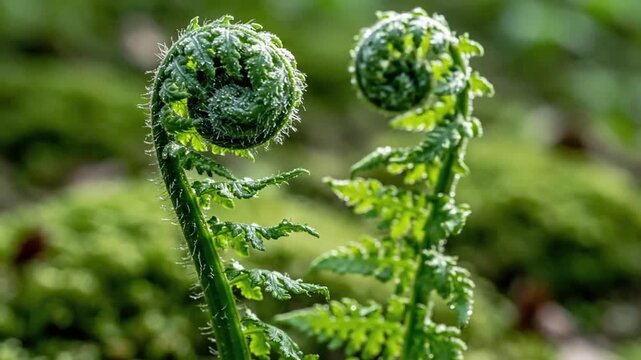 Unfurling Ferns in a Lush Green Forest Setting.