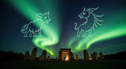 Enigmatic aurora borealis illuminates prehistoric monument with ethereal dragon guardians