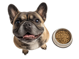 Happy French Bulldog sitting beside a bowl of dog food, looking cheerful and ready for mealtime.