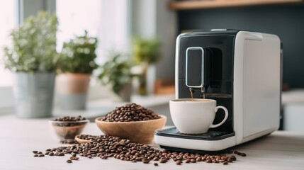 Modern espresso machine dispensing coffee into a white mug on a kitchen counter, surrounded by scattered and bowl-filled coffee beans; plants in background