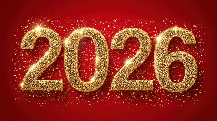 A sparkling depiction of the year "2026" in gold against a red background, perfect for celebrations and New Year"s themes.