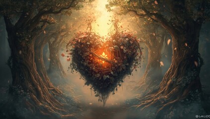 heart shaped object in a mystical forest with trees and light