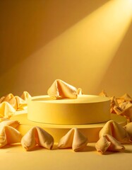 Fortune cookies on a podium under a spotlight, all yellow-toned