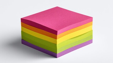 A neat cube of brightly colored sticky notes, revealing layered edges of pink, orange, yellow, green, and purple, sits against a white backdrop