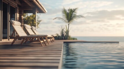 Relaxing tropical vacation getaway with an infinity pool overlooking the sea.