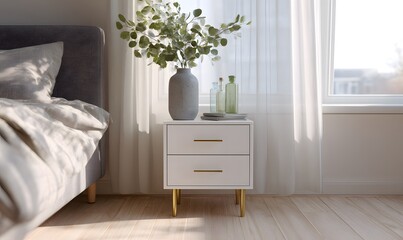 A modern minimalist bedroom nightstand scene, white 3-drawer nightstand with gold legs and black handles, placed next to a gray upholstered bed,