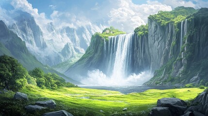 A stunning digital illustration of a waterfall cascading down into a serene lake amidst lush greenery.
