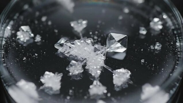 Crystallization process of a snowflake in a petri dish, macro shot.