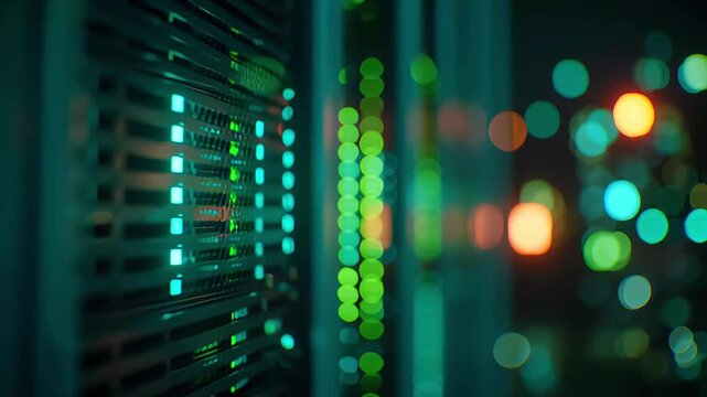 Server rack LEDs blinking green and blue in a dark data center cabinet