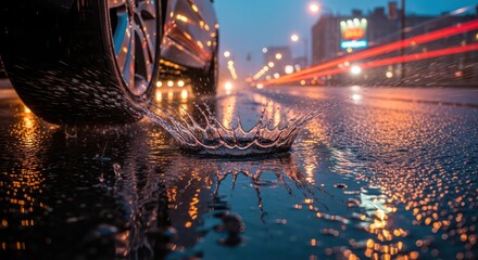 City rainfall: A car tire's path creates an elegant water crown on wet street