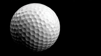 Golf ball with dimples in monochrome against stark black background with dramatic lighting