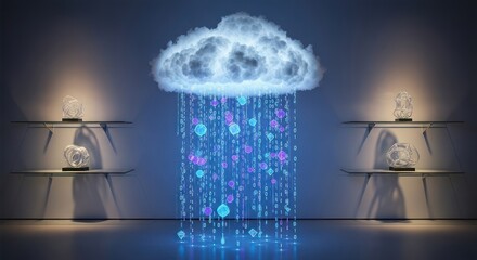 Contemporary depiction of cloud computing illustrating digital data flow and storage solutions