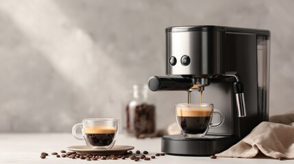 A modern espresso machine brewing coffee into a transparent cup, another cup sits on a saucer. Coffee beans and a jar are nearby. A linen cloth completes the scene