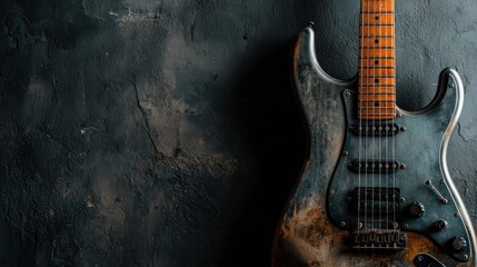 A distressed electric guitar leans against a textured, dark gray wall. The guitar's body shows wear, contrasted by the fretboard's warmth