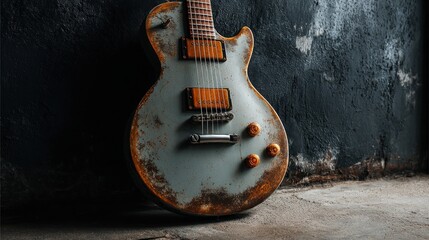 A vintage electric guitar with weathered, blue-gray finish leans against a dark, textured wall, illuminated by soft light. Details show aged wood