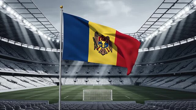Moldova national flag waving in empty soccer stadium