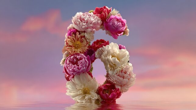 A vibrant floral arrangement shaped like the number six, reflecting a serene atmosphere with a pastel background.