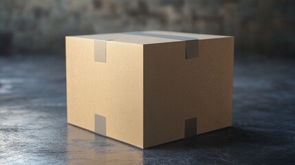 Modern and minimalist representation of a cardboard box on a concrete surface. Box is gold-toned with an abstract design, evoking the essence of e-commerce or packaging