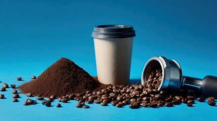 A disposable coffee cup sits beside a pile of grounds, roasted beans, and an espresso machine portafilter, all on a bright blue backdrop