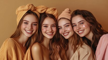 Obraz premium Four smiling young women with robe and hair wrap in spa-like environment.