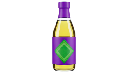 Clear bottle with yellow liquid and purple cap, green diamond label