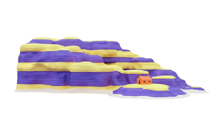 Isolated house on a layered, striped mountain