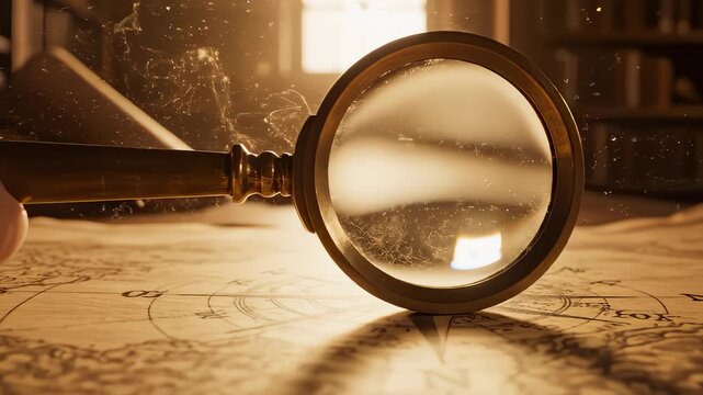 Magnifying Glass Reveals Details on Antique Map in Warm Light