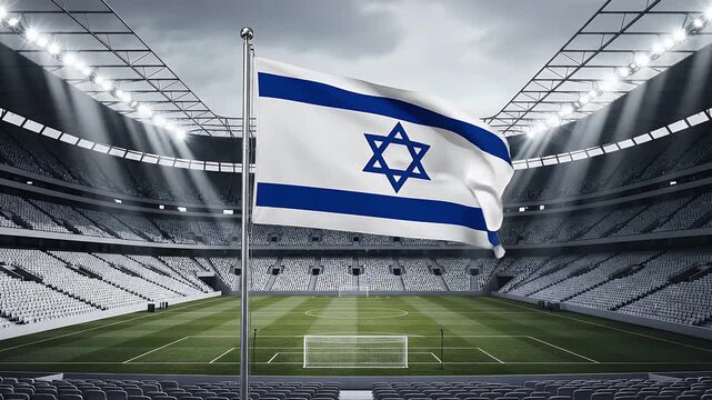 Israeli flag waving in empty soccer stadium with green field