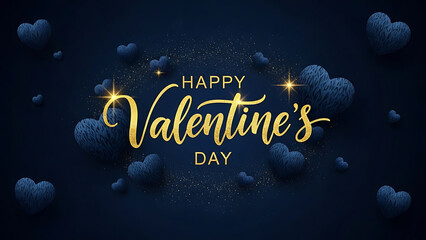 Happy valentines day gold text on dark blue background with hearts