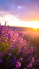 Fototapeta premium Lavender field at sunset, purple flowers in focus, blurred background with golden light
