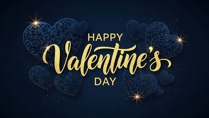 Happy valentines day with sparkly hearts on dark blue background