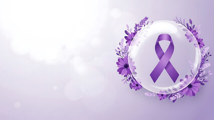 Purple awareness ribbon with floral wreath on purple