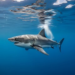 Fototapeta premium Great White Shark in Deep Blue Ocean Water.