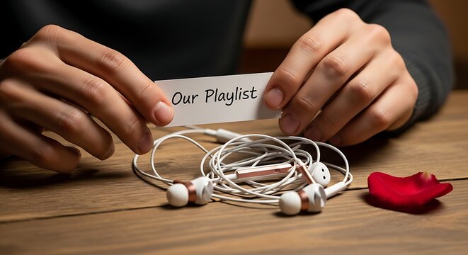 Hands hold 'Our Playlist' note, symbolizing shared music and romance, with tangled earbuds and a red rose petal for intimate connections