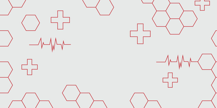 Abstract medical background with red hexagonal molecular pattern, futuristic healthcare and science technology concept.