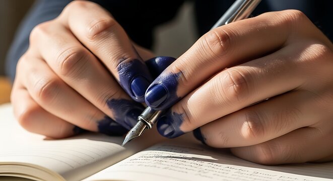 Close-up of Hands Covered in Ink Writing in a Notebook