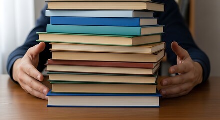 A person's hands are holding a stack of books on a wooden table, suggesting knowledge, education, and reading