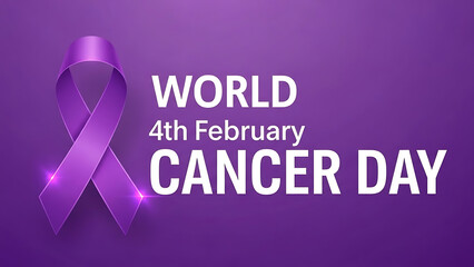 World cancer day poster with purple ribbon on purple background