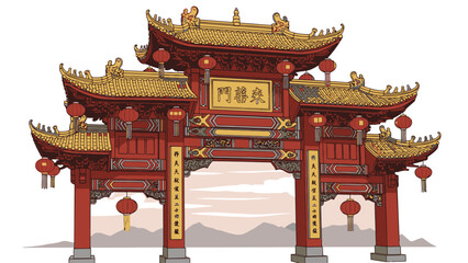 Fototapeta premium Vibrant Chinese Gate with Pagoda Roofs and Lanterns