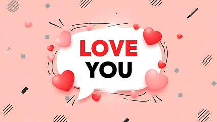 Love you text on pink background with hearts and confetti